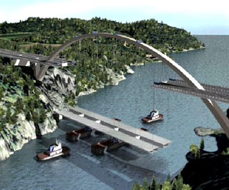 Slik vil den nye bro-delen bli løftet på plass fra kommende helg. (Foto: Statens Vegvesen)