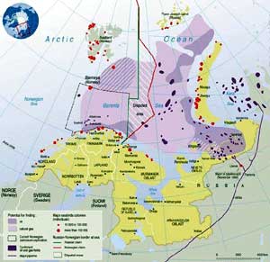 Kart over store olje- og gassfunn i Barentshavet. 