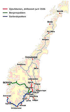 Gjøvikbanen (rød) konkurranseutsettes - Bergensbanen (blå ) og Sørlandsbanen (grønn) er neste trinn