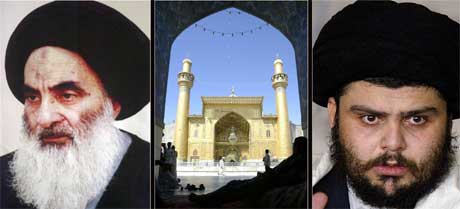 Ali al-Sistani og Moqtada al-Sadr (t.h.) skal ha blitt enige om  legge ned vpnene. (Foto: Scanpix / AFP)