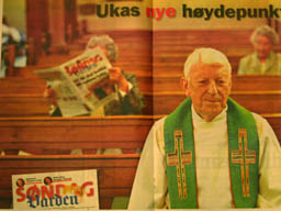 Tidligere prost Gunnar Holtskog i reklamen for Vardens søndagsavis