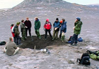 Profesjonelle og amatører samlet rundt utgravingsgropen på Svalbard. Foto: NRK