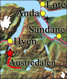 Vegen til Austredalen er stengd (raud stjerne) mellom Aa ved Hyen og Ommedal. (Kart: Arild Nybø, NRK/Statens Kartverk)