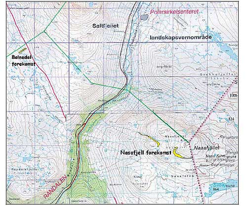 Kvartsforekomstene i Nasa-fjellet er markert med gult. Kilde: NGU Kvartsforekomstene i Nasa-fjellet er markert med gult. Kilde: NGU