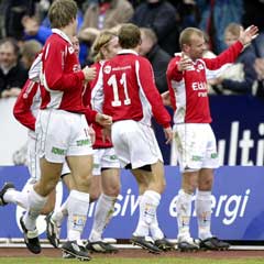 Kongsvinger jubler for det viktige mål i hjemmekampen mot Bodø/Glimt. (Foto: Håkon Mosvold Larsen / SCANPIX)