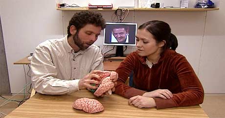 Jan Brunner forklarer Unni hvor forelskelsessenteret i hjernen er (Foto: NRK)