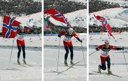 Stilstudie av Tore Ruud Hofstad som hopper over målstreken. (Foto: Jan Pitman/AP)
