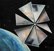 Cosmos-1 slik artisten ser den for seg i bane 850 km over jorda. (Illustrasjon: Planetary Society)
