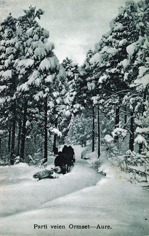 Tømmerkøyring mellom Ormset og Aure om lag 1905. Foto: Hans Ormset. Med løyve frå Fylkesfotoarkivet i Møre og Romsdal