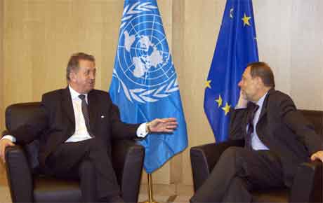 Terje Rød-Larsen diskuterte Syria med EUs utanrikssjef Javier Solana tidlegare denne veka. (Foto: AFP/Scanpix)