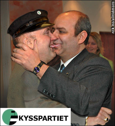 Steinar Bastesen gratulerte den nye partilederen på tradisjonelt vis, med litt mainnkos. (Alltid Moro) Originalfoto: Erik Veigård / SCANPIX Steinar Bastesen gratulerte den nye partilederen på tradisjonelt vis, med litt mainnkos. (Alltid Moro) Originalfoto: Erik Veigård / SCANPIX
