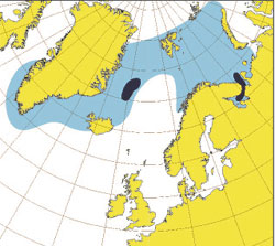 Mørkt felt viser kaste- og hårfellingsområde for grønlandssel, lyst felt er generell utbredelse i Nordøst-Atlanteren. Ill.: Tore Haug