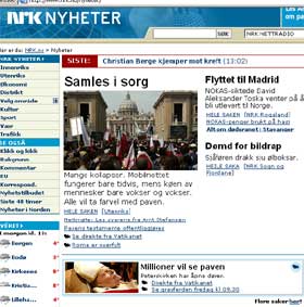 PAVEDEKNING: nrk.no/nyheter er den nettavisen i Norge som har mest omfattende multimediadekning av pavens død og begravelse, med egen nettreporter og direkte Nett-TV fra Roma. (faksimile fra nrk.no/nyheter)