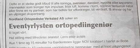 NOV søker etter eventyrlysten ortopediingeniør. Foto av annonsen. NOV søker etter eventyrlysten ortopediingeniør. Foto av annonsen.