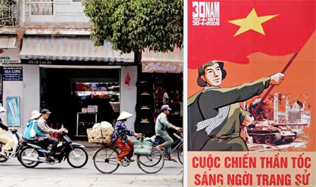 Folk i Ho Chi Minh-byen, tidligere Saigon, forbereder seg på feiringen 30. april. (Foto: Scanpix / AP / Richard Vogel)