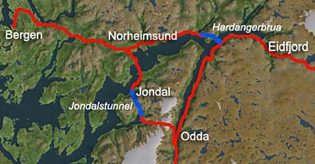 Kart over Jondalstunnelen og Hardangerbrua.