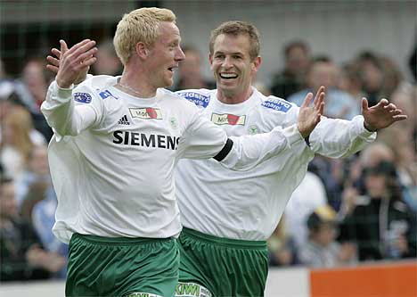 Ham-Kams Espen Olsen og Espen Haug kan juble etter å ha tatt ledelsen 1-0 over FFK (Foto: Cornelius Poppe /SCANPIX) Ham-Kams Espen Olsen og Espen Haug kan juble etter å ha tatt ledelsen 1-0 over FFK (Foto: Cornelius Poppe /SCANPIX)