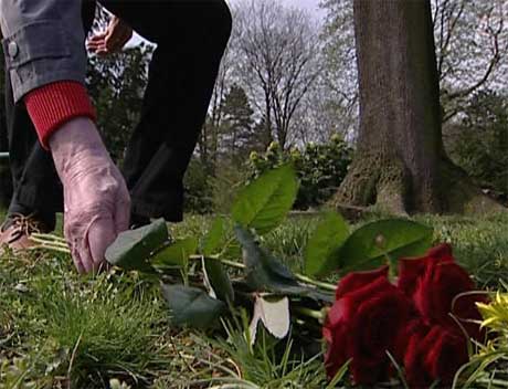 En blomst på graven der mange norske frontsoldater ligger begravet.(Foto:NRK)