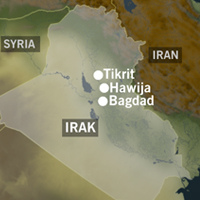 Flere irakiske byer ble utsatt for kraftige bombeangrep i dag. (Grafikk NRK)