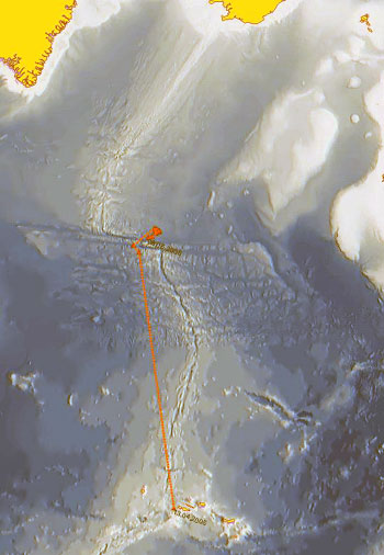 Kartet viser det store området seihvalene vandret over nordover i Atlanteren, fra Azorene til Charlie Gobbs F.Z. Vi ser Grønland øverst til venstre, Island øverst til høyre. Ill.: Erik Olsen, IMR