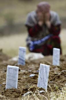 NUMMERERTE GRAVER: Små nummererte plaketter markerer anonyme graver på en kirkegård ved Andisjan i Usbekistan. (Foto: AP)