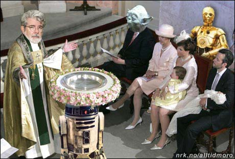 Kongefamilien har sterke bånd til George Lucas, og insisterte på at han skulle utføre dåpen. (Innsendt av Vidar Hagen)