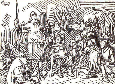 Olav den hellige taler til bøndene i Trondheimen. Illustrasjon: Gerhard Munthe Olav den hellige taler til bøndene i Trondheimen. Illustrasjon: Gerhard Munthe