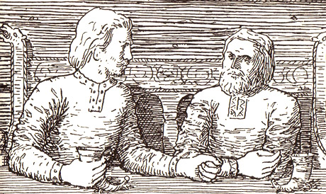 Harald Hardråde taler og drikker med Svein. Illustrasjon: Wilhelm Wetlesen 