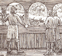 Kong Harald ser fra svalgangen Einar Tambarskjelves folk gå opp fra skipene. Illustrasjon: Wilhelm Wetlesen
