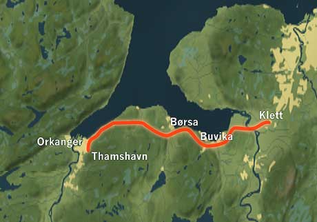 Her er traseen til nye E39 mellom Øysand og Orkanger. (Grafikk: NRK)