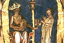 Magnus Lagabøte gir Landsloven til en lagmann. Illuminasjon fra lovskriftet Codex Hardenbergianus fra 1300-tallet. Illustrasjonen er utlånt av Universitetsbiblioteket i Trondheim (Gunnerusbiblioteket).