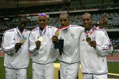 Franskmennene Leslie Djhone, Marc Raquil, Naman Keita and Stephane Diagana ble først i år tildelt gullmedaljene fra VM i 2003. (Foto: AP/Scanpix)