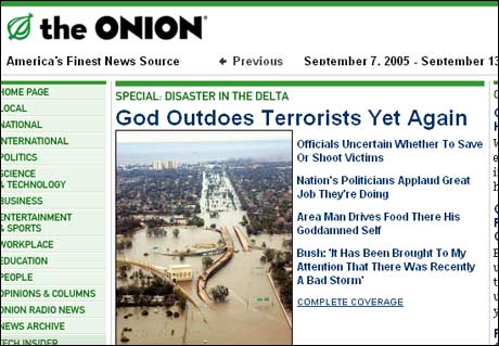 Forsiden til satiremagasinet The Onion: Gud overgår terroristene enda en gang.