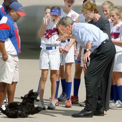 2003: Presidenten mister sin egen hund, Barney, i bakken. (ekte)
