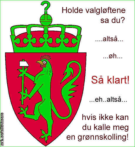 Vårt nye riksvåpen etter at de rødgrønne overtok. (Innsendt av Kenneth Skeie) Vårt nye riksvåpen etter at de rødgrønne overtok. (Innsendt av Kenneth Skeie)