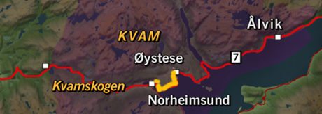 Kart over Kvam med tunnelen i gult. Grafikk: NRK.
