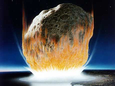 Jorda vert treft av ein stor asteroide. Illustrasjon: NASA