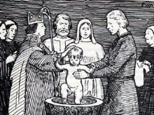 Olav blei røva som treåring. Her er han i følgje Snorre fadder til Olav den hellige då han var døypt som treåring. Men det er ikkje historisk riktig. Ill.: Frå Snorre