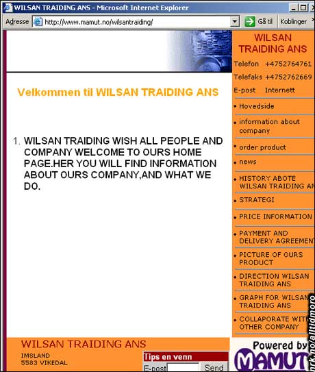 Hovedsiden til Wilsan Traiding. Hovedsiden til Wilsan Traiding.