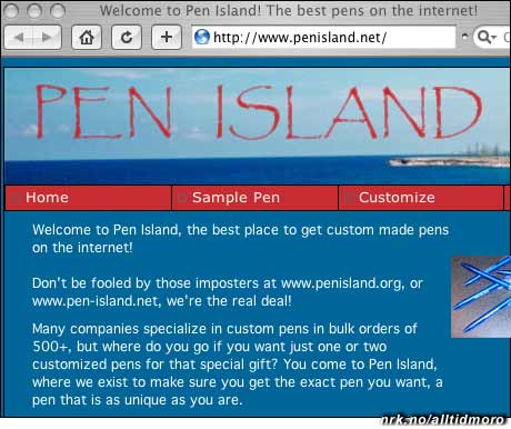 PenisLand eller Pen Island? Dette nettstedet ser ut til å selge penner. (www.penisland.net)