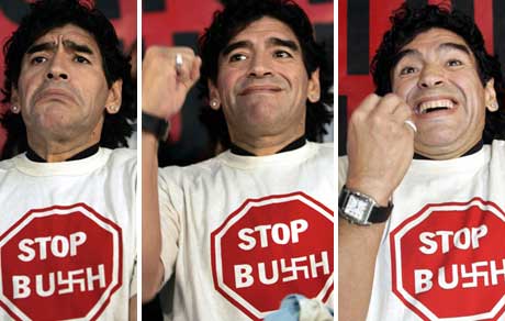 FOTBALLEGENDE PROTESTERER: Også Argentinas fotballegende Diego Maradona deltar i protestene mot USAs president George W. Bush i Mar del Plata i Argentina. (Foto: Reuters)