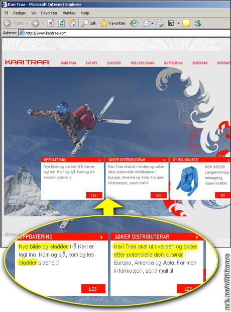 KariTraa.com. Her loves det nye bilder, riktignok med sladder. Hun søker dessuten etter distributører. KariTraa.com. Her loves det nye bilder, riktignok med sladder. Hun søker dessuten etter distributører.