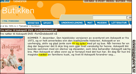NRK-butikken reklamerer for "Tre nøtter til askepott". Nå er trykkfeilen rettet, kjøp DVDen her!