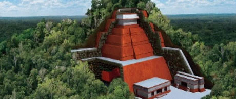 DEKKET AV JUNGEL: Dette er det store maya-tempelet i San Bartolo i Peten-provinsen i Guatemala. Stedet er i dag dekket med urskog, slik vi ser på bildet. (Foto: RTV)