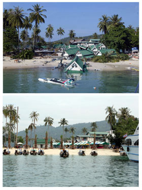 Livet er i ferd med å vende tilbake til det normale etter tsunami-katastrofen. Her er øya Phi Phi rett etter tsunamien (bildet øverst) og nesten et år etter, 14. desember 2005. (Foto: Saeed Khan/Roslan Rahman/AFP/Scanpix)