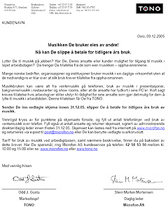 Microfon AS sendte ut et kravbrev til over 100.000 bedrifter på vegne av Tono. Faksimile: Microfon.no. Microfon AS sendte ut et kravbrev til over 100.000 bedrifter på vegne av Tono. Faksimile: Microfon.no.