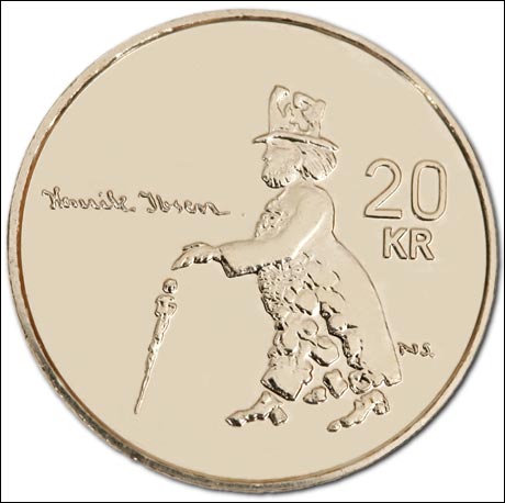  Den nye 20-kroningen, der Ibsen har fått en litt uvanlig fremtoning. (Foto: Norges Bank / Scanpix)