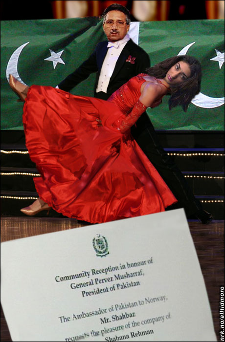 Pakistans president Pervez Musharraf prøvde spøkefullt å løfte Shabana Rehman under dansen på Oslo Plaza i ettermiddag. (Alltid Moro)