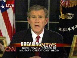 USAs president George W. Bush orienterte om at krigen var i gang i en tale 19. mars 2003. (Arkivfoto: CNN/AFP/Scanpix)