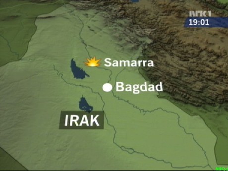 Samarra ligger rundt 100 kilometer nord for Bagdad. (Grafikk: NRK)
